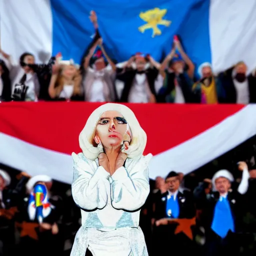 Image similar to Lady Gaga as president, Argentina presidential rally, Argentine flags behind, bokeh, giving a speech, detailed face, Argentina