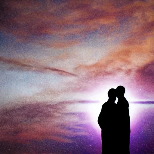 Image similar to silhouette of a gay couple looking at the sunrise from space