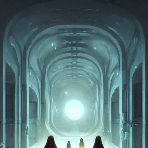 Image similar to rococo science fiction burial chamber hospital filled with cloning vats with indistinct human figures inside, dune concept art by greg rutkowski, zdzisław beksinski, anato finnstark