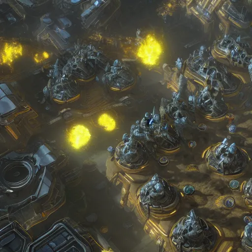 Prompt: zerg hovering above protoss city, uhd 4 k, artstation, hdr, 4 k, incredible detail, cinematic lighting, unreal engine 5, 8 k resolution, attacking protoss, crushing units, super realism, ultra view