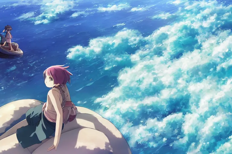 Image similar to a vast scene, panorama distant view, anime art full body portrait character concept art, hyper detailed scene render of the girl sat on the back of the whale, anime key visual of children of the sea, finely detailed perfect face, on the sea, makoto shinkai, violet evergarden, studio ghibli, james jean, hayao miyazaki, extremely high quality artwork