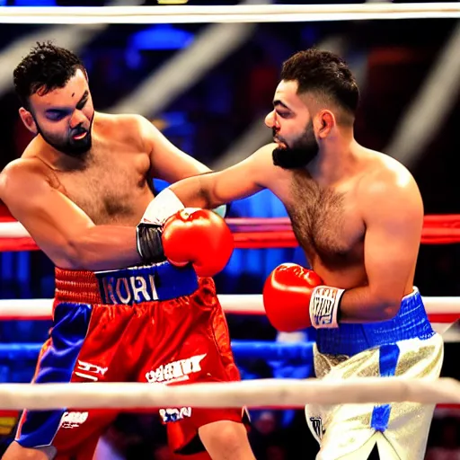 Image similar to landscape photography of a boxing match between rohit sharma and virat kohli in the ring, ultra realistic, highly detailed, canon 3 5 mm photography