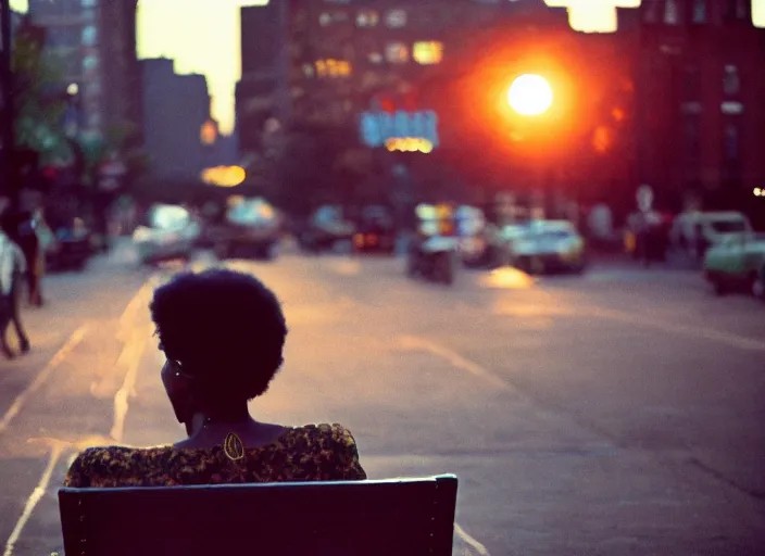 Image similar to a 35mm photograph from the back of a woman sitting on a bench in Harlem, New York City in the 1960's at sunset, bokeh, Canon 50mm, cinematic lighting, photography, retro, film, Kodachrome, award-winning, rule of thirds, golden hour