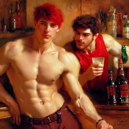 Image similar to attractive muscular male with red hair and muscular attractive male with black hair, drinking their hearts out, in a pub. very defined and highly detailed painting by gaston bussiere, j. c. leyendecker, craig mullins 8 k