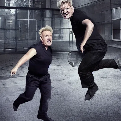 Image similar to fat gordon ramsay escaping from prison, hyper realistic, photo, photo studio, news paper, hyper detailed, smooth