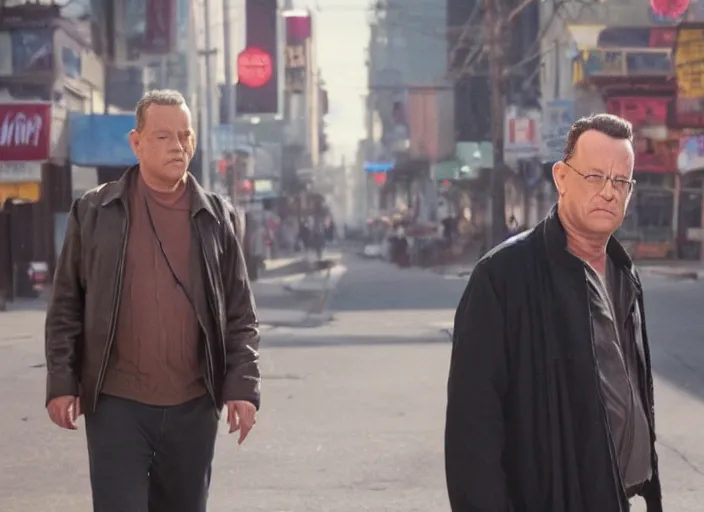 Image similar to film still of Tom Hanks roaming the dirty streets in the new Deathwish, 4k