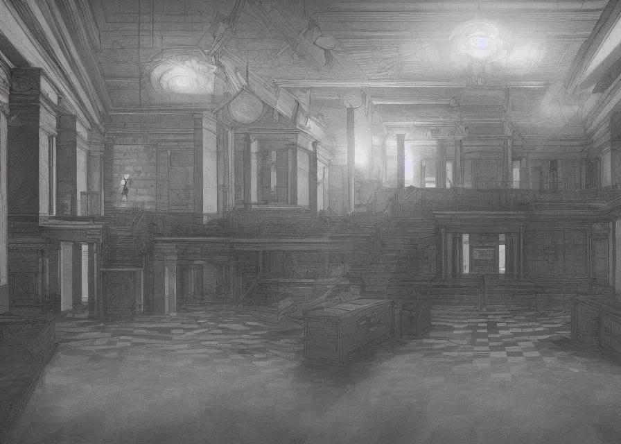 Image similar to interior of a masonic temple with checkered floor, pencil, concept art, detailed, 4k, artstation