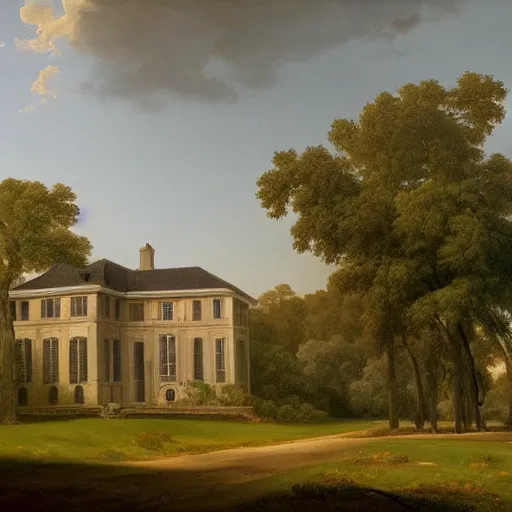 Image similar to a large serene beautiful matte painting of a delapitaded quaint french country mansion covered in vines, by asher brown durand and george ault featured on artstation,