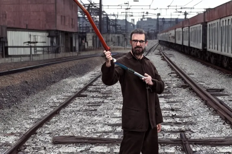 Image similar to vfx movie closeup real life gordon freeman holding crowbar in russian train yard by emmanuel lubezki