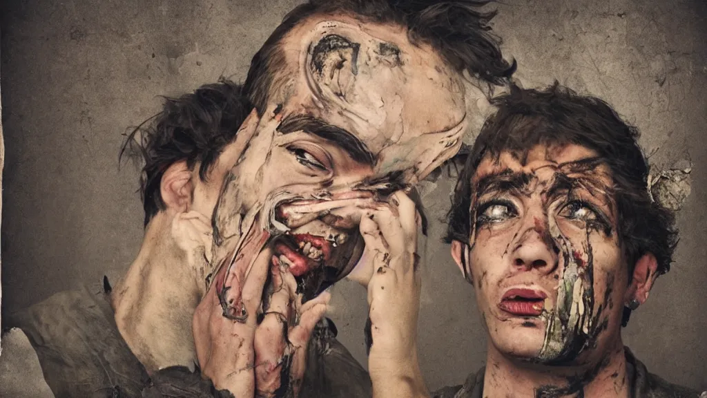 Image similar to decopunk legitimate portrait of a crying young dude 3 2 years old, with violence