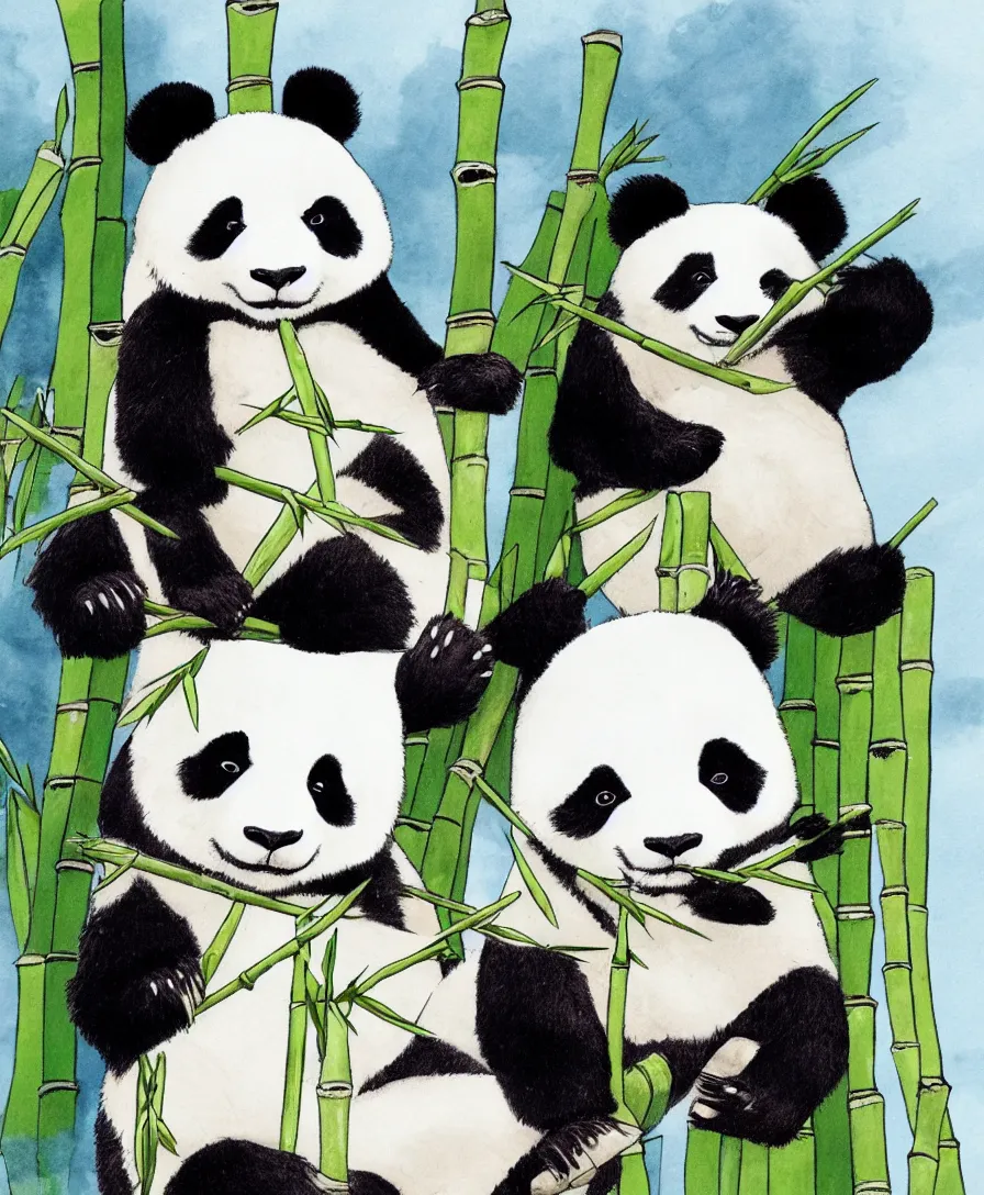 Image similar to a panda drawn in anime style, sitting on a throne made from bamboo