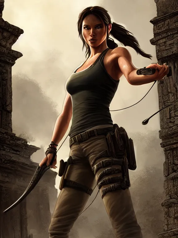 Image similar to lara croft standing in front of an ancient temple, digital painting, extremely detailed, 4 k, intricate, artgerm, by stanley lau