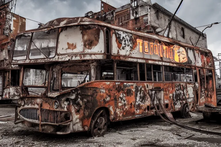 Image similar to low wide angle shot of dilapidated fallout 5 europa, temperate european hamlet, desolate, dilapidated neon signs, few rusted retro futuristic vintage parked vehicles like cars, buses, trucks, trams, volumetric lighting, photorealistic, daytime, autumn, sunny weather, sharp focus, ultra detailed, 4 0 0 0 k