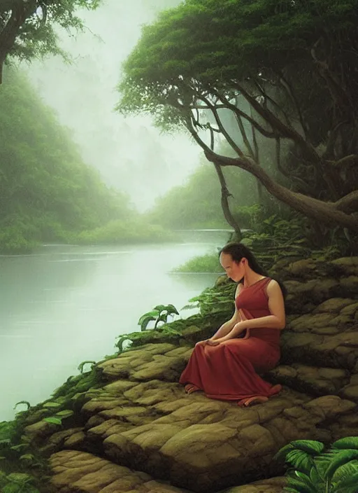 Image similar to a meditation near a river in the amazon jungle, gazing at the water, highly detailed, art by christophe vacher