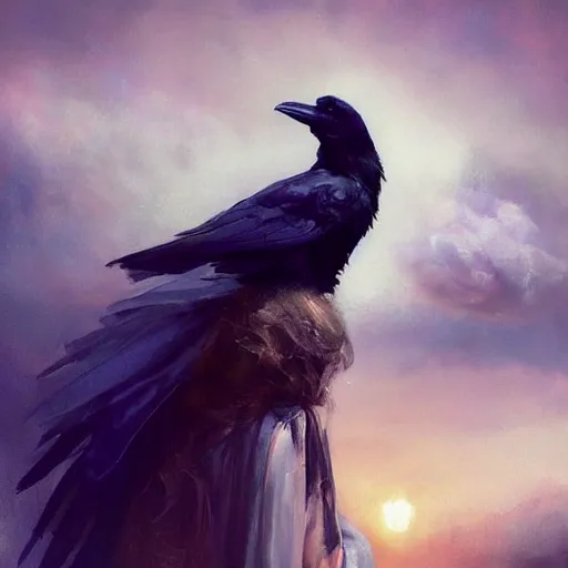 Image similar to morning, raven perching on the shoulder of a woman in a black dress. sun, cinematic, clouds, vogue cover style, contracting colors mood, realistic painting, intricate oil painting, high detail, figurative art, multiple exposure, poster art, 3 d, by simon bisley, ismail inceoglu, wadim kashin, filip hodas.