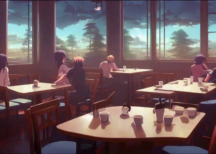 Image similar to an interior of wizards inside a diner with coffee on the table, makoto shinkai, smoky, matte painting