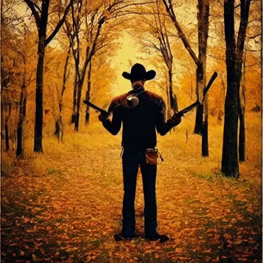 Prompt: “Gunslinger standing in front of fall trees”