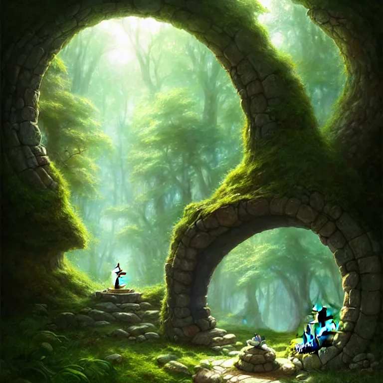 Image similar to Fantasy Magical fairy-tale stone portal in the forest. Round stone portal teleport in trees to other worlds. Fantastic landscape. Magic Altar in the fores, highly detailed, digital painting, artstation, concept art, smooth, sharp focus, illustration, art by artgerm and greg rutkowski and alphonse mucha