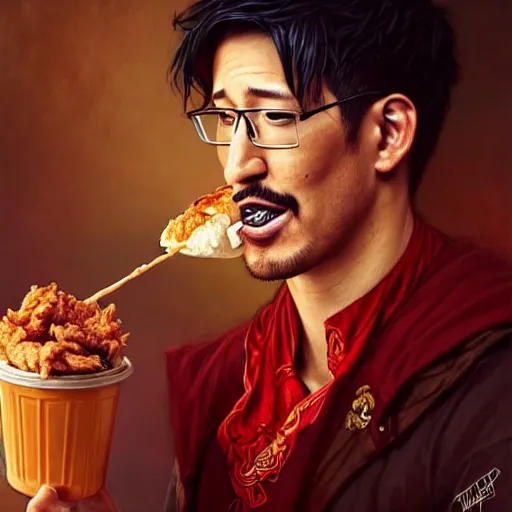 Image similar to Markiplier eating a KFC zinger, closeup, D&D style, fantasy, intricate, elegant, highly detailed, digital painting, artstation, concept art, matte, sharp focus, illustration, art by Artgerm and Greg Rutkowski and Alphonse Mucha