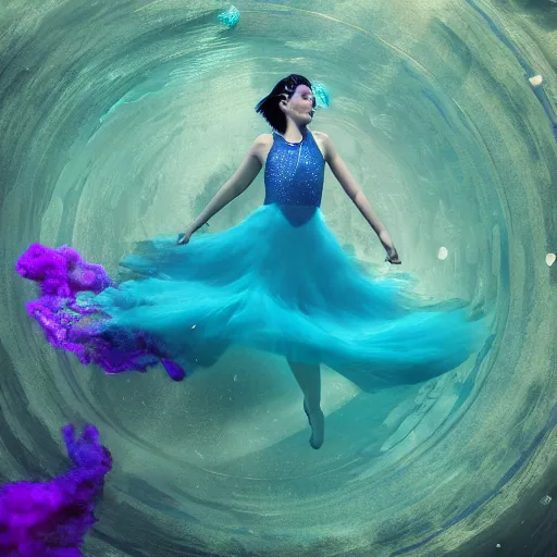 Image similar to woman dancing underwater wearing a flowing dress made of blue, magenta, and yellow seaweed, delicate coral sea bottom, swirling silver fish, swirling smoke shapes, octane render, caustics lighting from above, cinematic, hyperdetailed