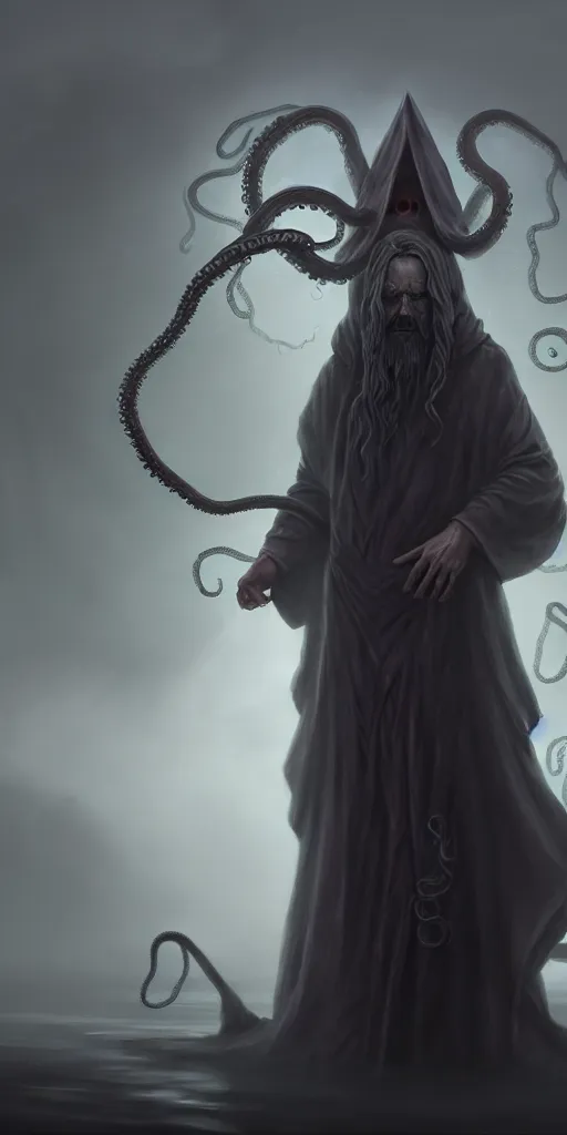 Image similar to a wizard that is slowly transforming into a tentacle monster, matte oil painting, concept art, d & d, robes, fantasy, fog, sharp focus, eldritch, award - winning, extremely detailed, 4 k, 8 k