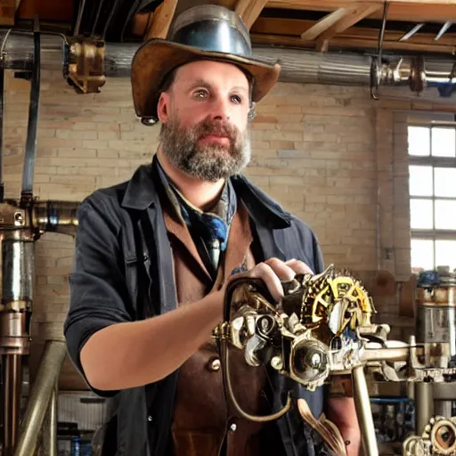 Image similar to steampunk industrialist working on a motor and feeling eureka