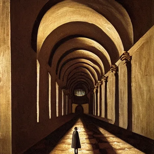 Image similar to underground tunnels inhabited by hooded monks, mechanical computers, lights and switches, portal to the dreamworld, baroque oil painting