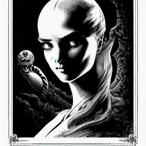 Image similar to portrait soft light, by bernie wrightson and joe fenton, inspired victorian sci - fi, etching, fine, sharp high detail, screen print,