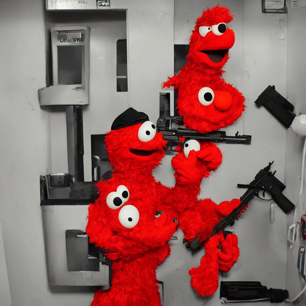 Image similar to Elmo in a gas station bathroom with an AK-47