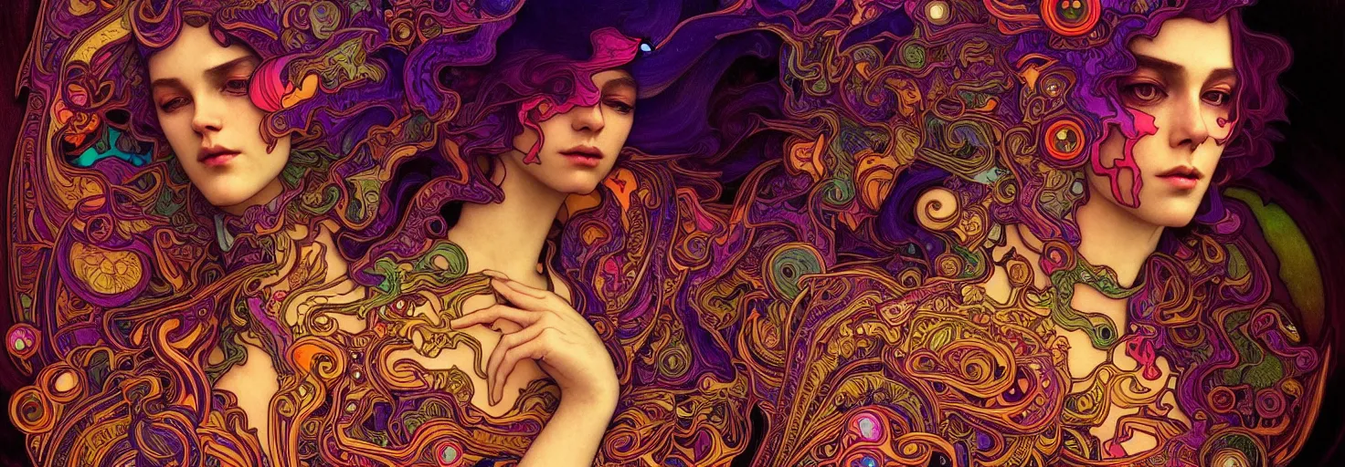 Image similar to An extremely psychedelic experience, colorful, surreal, dramatic lighting, psilocybin, LSD, centered, face, detailed, intricate, elegant, highly detailed, digital painting, artstation, concept art, smooth, sharp focus, illustration, art by Stephan Duquesnoy, Krenz Cushart and Artem Demura and alphonse mucha