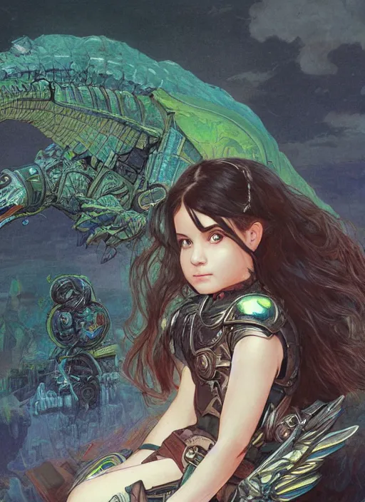 Prompt: portrait of a little cyborg warrior girl character sitting on top of a giant armored dinosaur bird with huge wings flying in space, epic character with dark skin and beautiful green eyes. the girl has a very beautiful detailed symmetrical face, long black hair. diffuse night light, dramatic landscape, fantasy illustration, matte painting by mucha