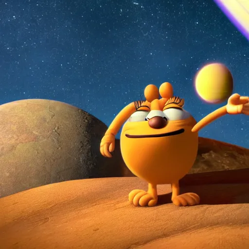 Image similar to garfield is he were saturn, space, stars, hair physics, blender render, pixar, disney, unreal engine 5, nvidia hair,