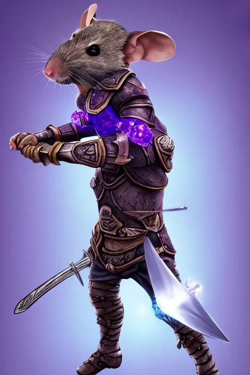 Prompt: armored mouse warrior holding a sword in one hand and reaching for a floating purple crystal with the other, trending on Artstation, RPG Portrait, 8k, UHD