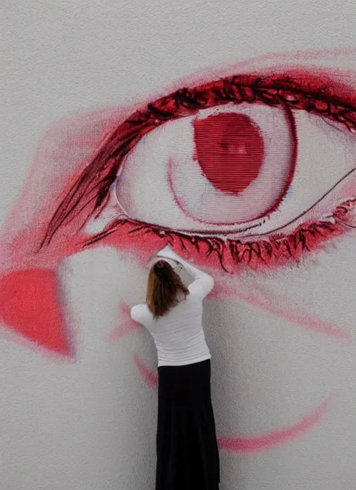 Image similar to a woman's graffiti on a white wall with a red felt - tip pen. women's eyes are made of insect's compound eyes.