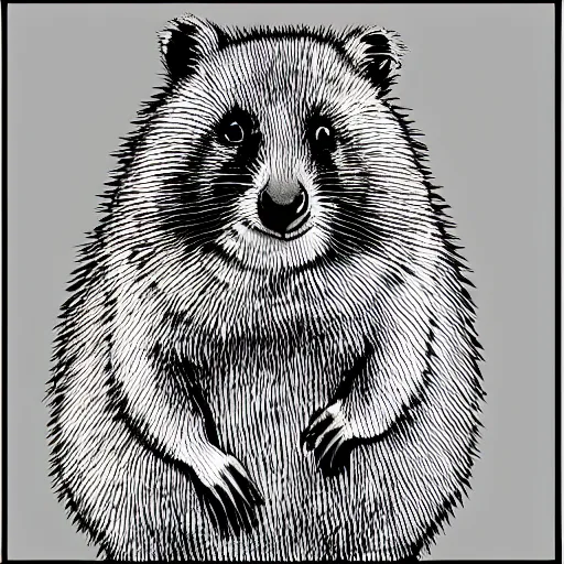 Prompt: monochromatic illustration of a happy quokka, one line, line drawing, unbroken, minimalist, white background, black and white