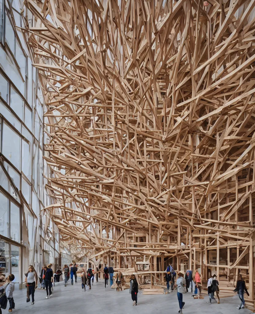 Prompt: a complex building, large wood joinery, dowels and pegs, people walking, architectural photography