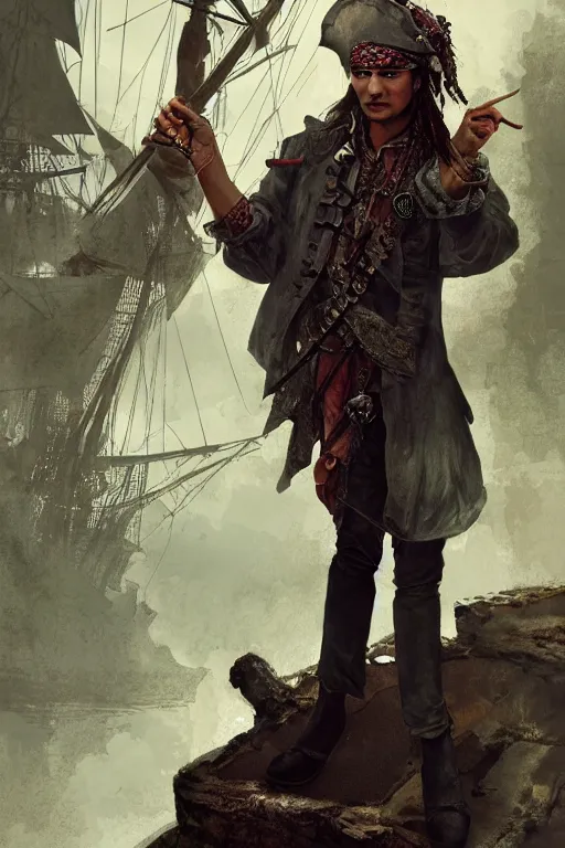 Prompt: Frank Dillane as a pirate full body portrait, seductive, sexy, cgsociety, intricate, digital painting, old english, whimsical background by marc simonetti, artwork by liam wong