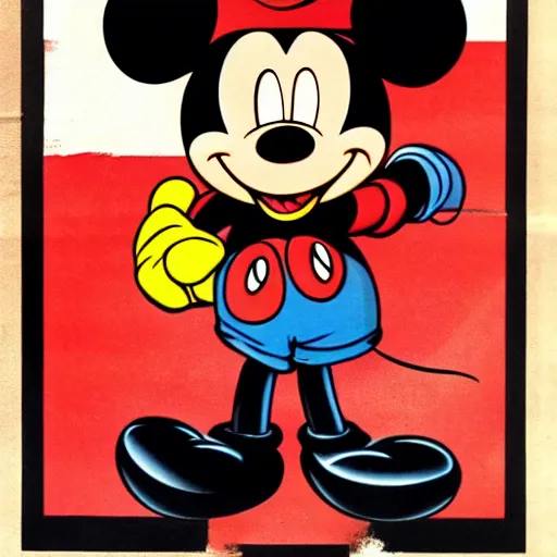 Image similar to mickey mouse in military uniform. art work. german ww 2 propaganda poster. red armband with disney symbol. dark, hyper realistic by barloe