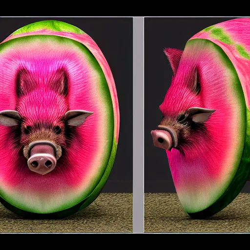 Image similar to Photorealistic boar that's textured and colored like a watermelon, Hyperdetailed, 108 megapixels, artstation concept art