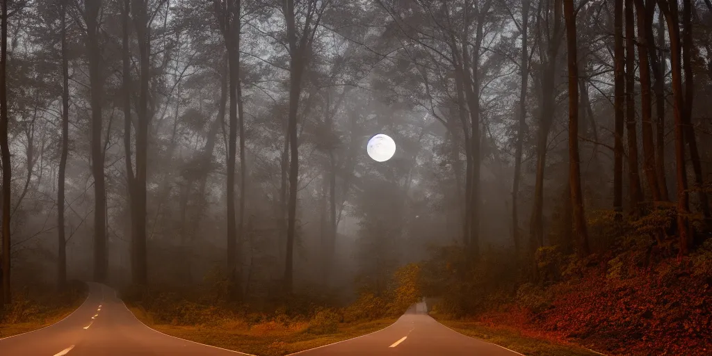 Prompt: road between tall trees in right corner, dark night, fog, cold light, moon