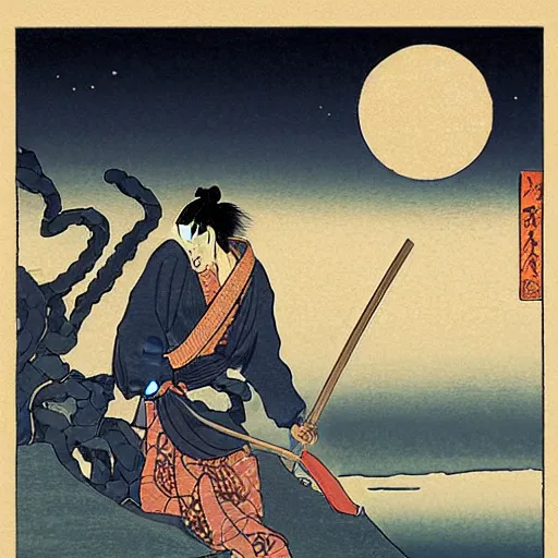 Image similar to greeting card by hokusai, samurai man vagabond with a moon behind him, the samurai is wrapped in chains, detailed, editorial illustration, matte print, concept art, ink style, sketch, digital 2 d