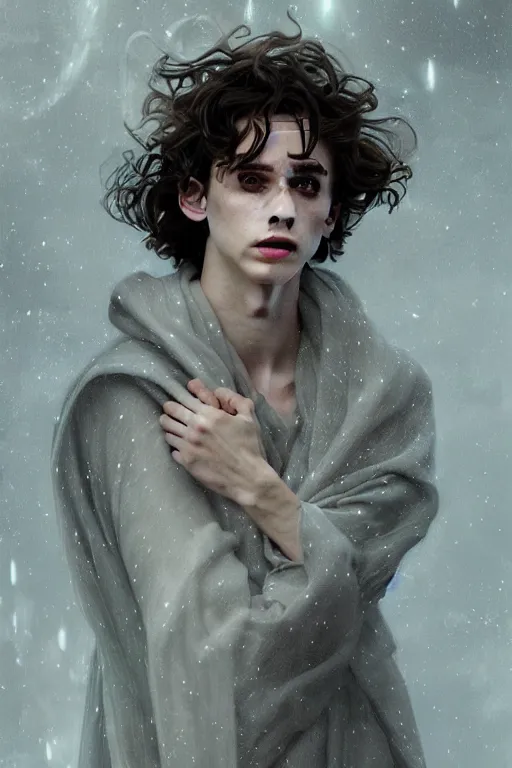 Prompt: portrait of timothee chalamet as dream of the endless, the sandman, grey clothes, in persian temple wet night, sci - fi and fantasy, intricate and very very beautiful and elegant, highly detailed, digital painting, artstation, concept art, smooth and sharp focus, illustration, art by tian zi and wlop and alphonse mucha