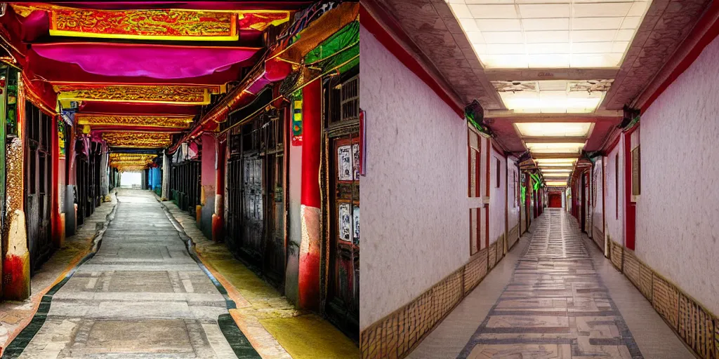 Prompt: A corridor inside a sci-fi Lhasa Tibet city, award winning photograph, 4K HD,