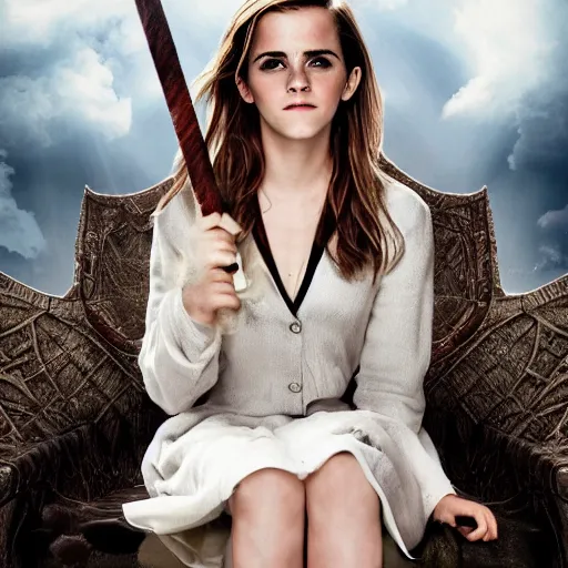 Prompt: Emma Watson sitting on a magic broomstick flying in the clouds, full body shot