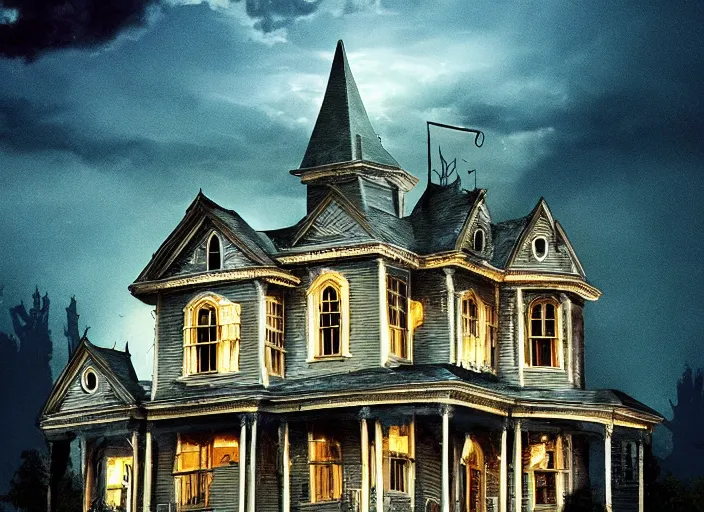 Prompt: a haunted mansion atop a hill during a thunder storm, scary, night, lighting, cinimatic, movie, horror, photorealism