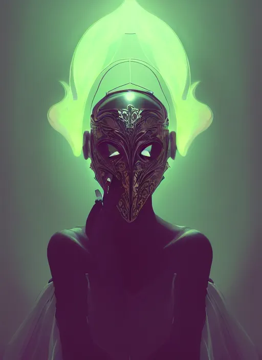 Prompt: centered portrait of a beautiful masked woman wearing a venetian mask, intricate concept art, ethereal, highly detailed, artstation, smooth, cyberpunk darksynth, cinematic, mist, dramatic neon lighting, illuminated lines, outrun, vaporware, by ruan jia and ilya kuvshinov and liam wong and alphonse mucha