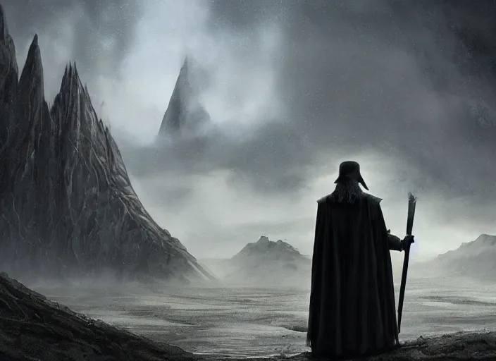 Prompt: gandalf facing darth vader, beautiful landscape, dramatic lighting, cinematic, establishing shot, night time, heavy rain, extremly high detail, photorealistic, cinematic lighting, post processed, concept art, artstation, matte painting, style by greg rutkowsky