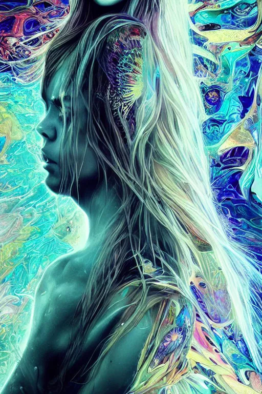 Prompt: !dream an absolutely gorgeous portrait of Cara Delevigne by Android Jones, wings, fractals, Gorgeous colors, face symmetry, insane detail, gorgeous colors, strong composition, awe inspiring lighting, psychedelic, volumetric light, symmetry, subsurface scattering