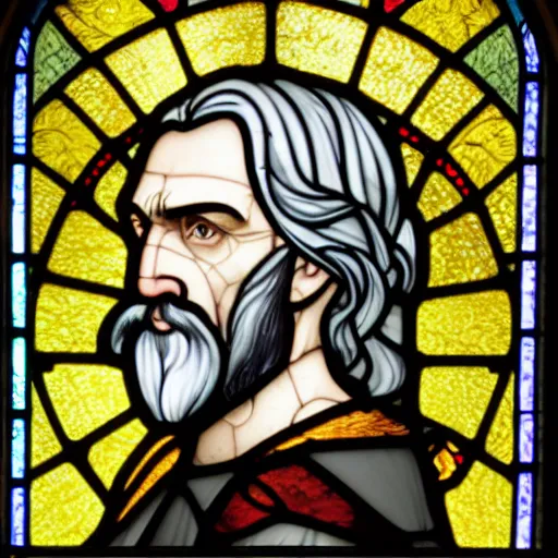 Prompt: medieval stained glass window, detailed side - view portrait of an old witcher, amber eyes, grey hair, half ponytail, short mustache, detailed and masterful, backlit