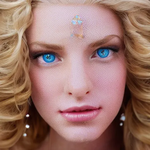 Prompt: close up headshot of a princess with long blonde hair and light blue eyes wearing a strapless elaborately beaded pink dress, high resolution film still, 8k, HDR color, film by Simon Langton and David Frankel, triangular face, slight freckles, round narrow chin, straight jawline, natural lips, high cheekbones